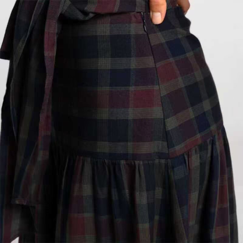Women's Spring Vintage All Matching Plaid Lace Up Top Skirt Set
