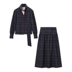 Women's Spring Vintage All Matching Plaid Lace Up Top Skirt Set