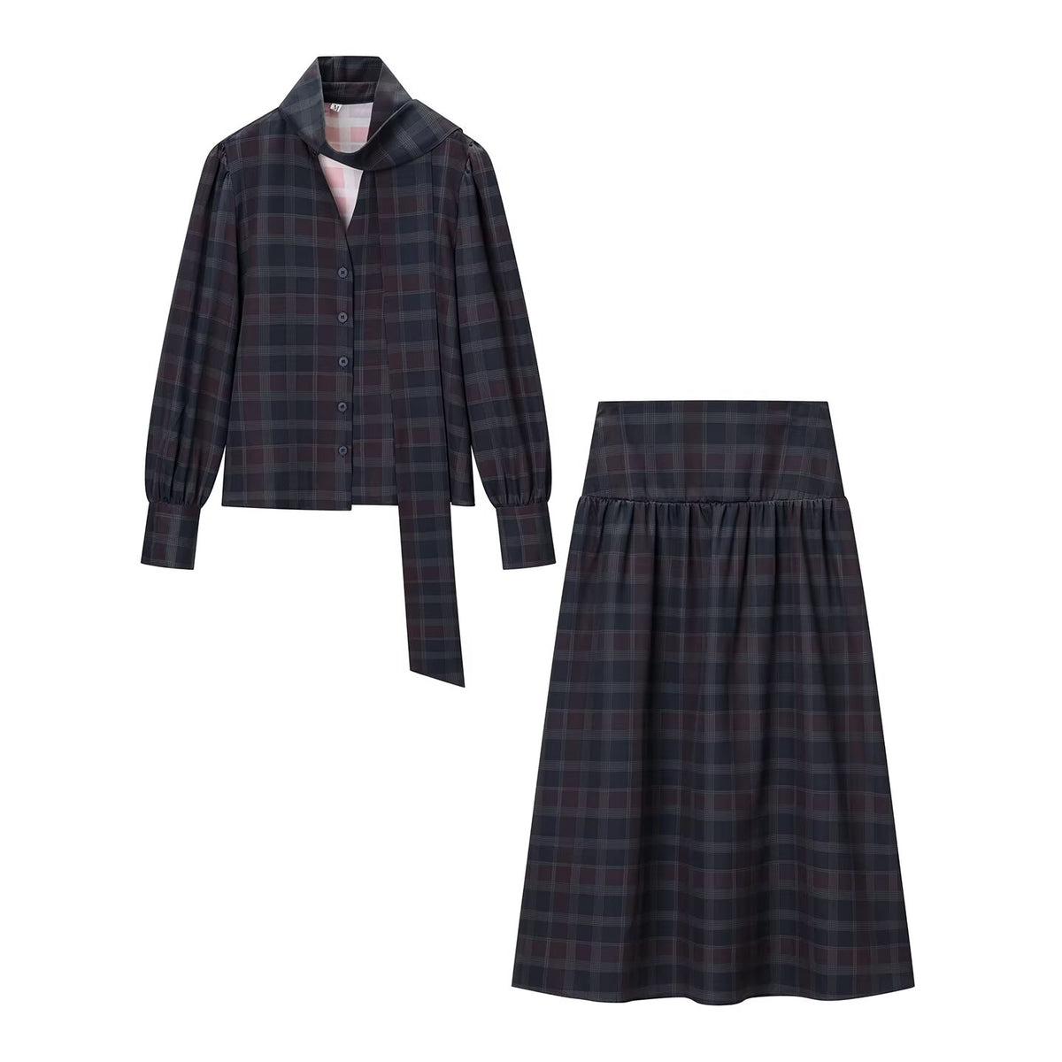 Women's Spring Vintage All Matching Plaid Lace Up Top Skirt Set