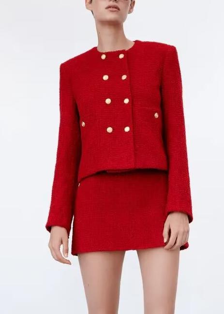 Women's Textured Double Breasted Jacket and Skirt Two-Piece Set