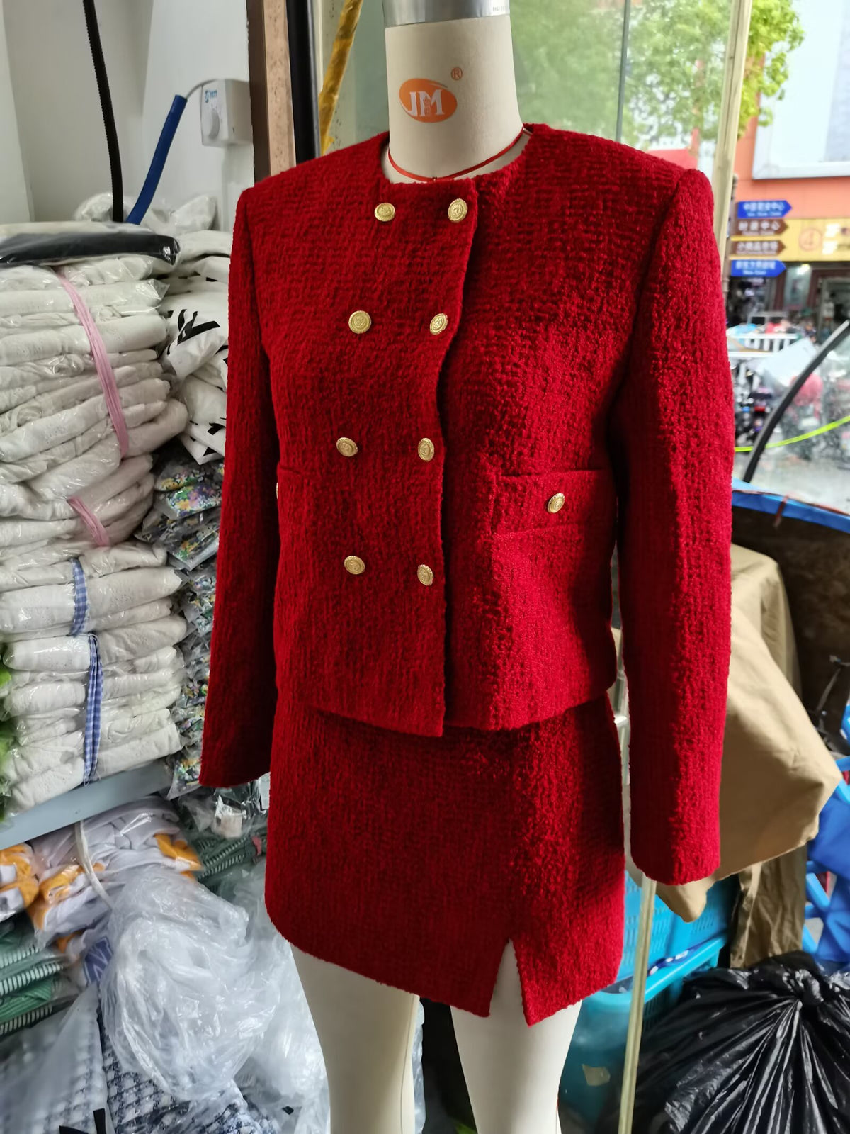 Women's Textured Double Breasted Jacket and Skirt Two-Piece Set