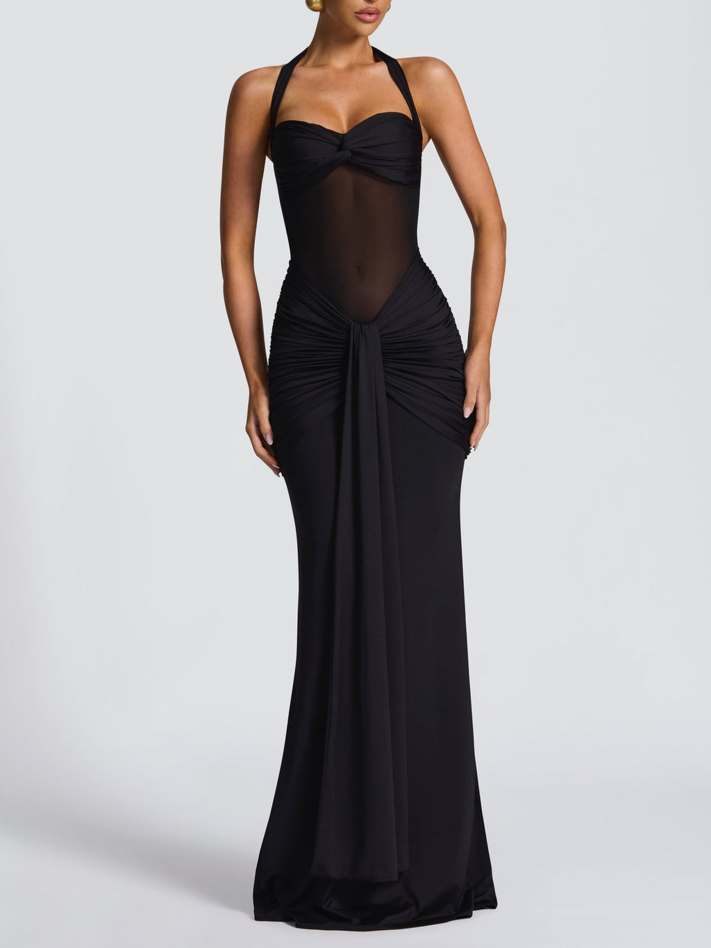 Women's Halter Mesh Ruched Sleeveless Maxi Dress