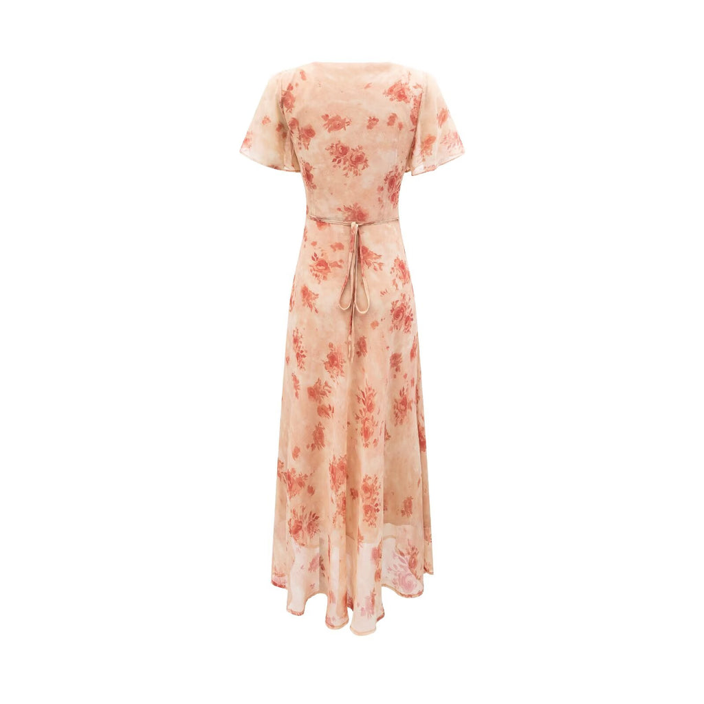 Women's Women Clothing Elegant Pink Floral V Neck Pullover Dress Women Waist Controlled Slimming Dress