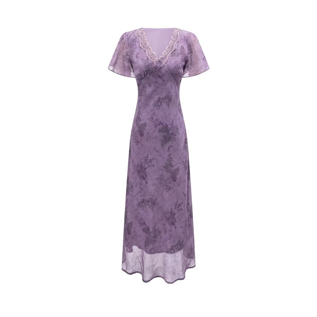 Women's Elegant Slimming V Neckline Pullover Lace Stitching Design Dress Lace Up Waist Tight Purple Dress