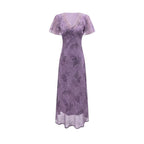 Women's Elegant Slimming V Neckline Pullover Lace Stitching Design Dress Lace Up Waist Tight Purple Dress