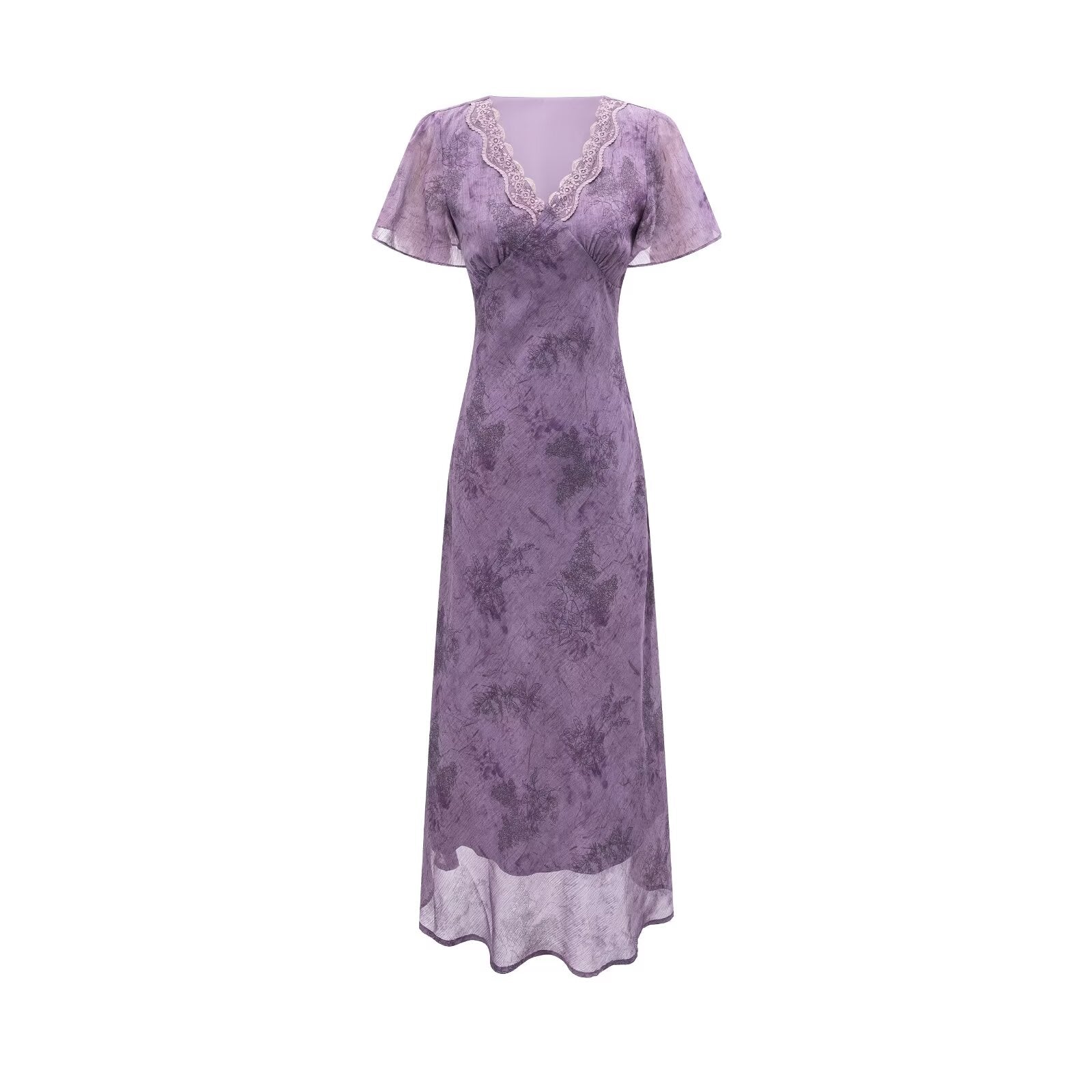 Women's Elegant Slimming V Neckline Pullover Lace Stitching Design Dress Lace Up Waist Tight Purple Dress
