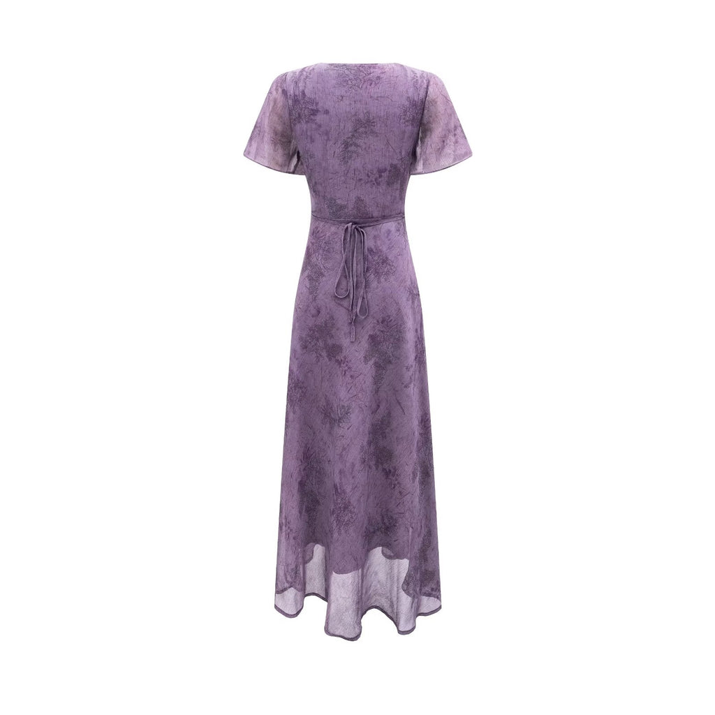 Women's Elegant Slimming V Neckline Pullover Lace Stitching Design Dress Lace Up Waist Tight Purple Dress