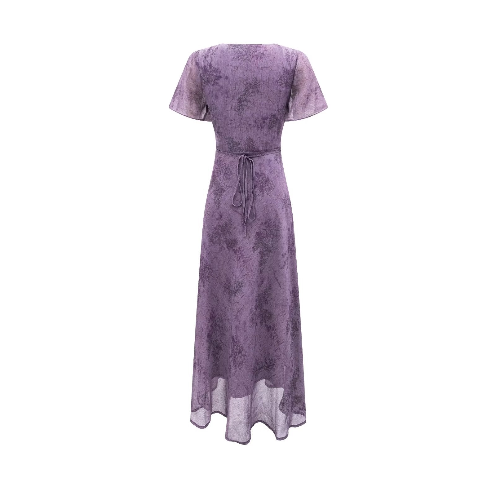 Women's Elegant Slimming V Neckline Pullover Lace Stitching Design Dress Lace Up Waist Tight Purple Dress