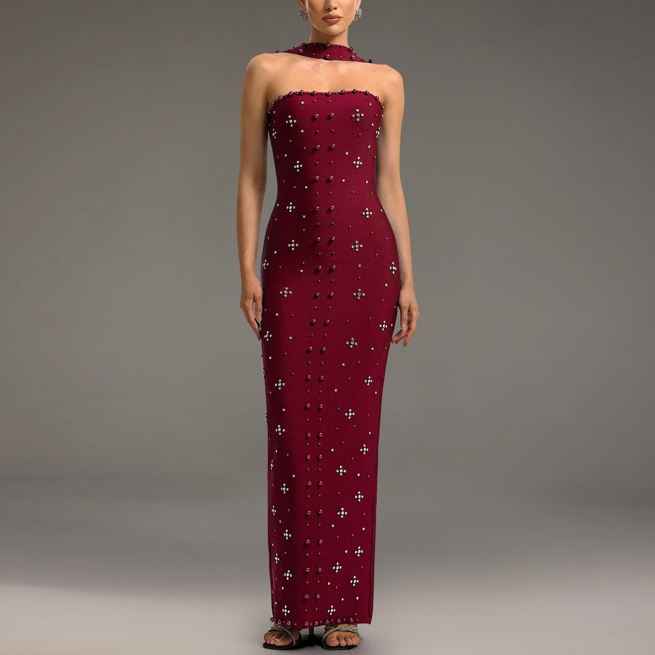 Women's Rhinestone Halter Sheath Maxi Dress