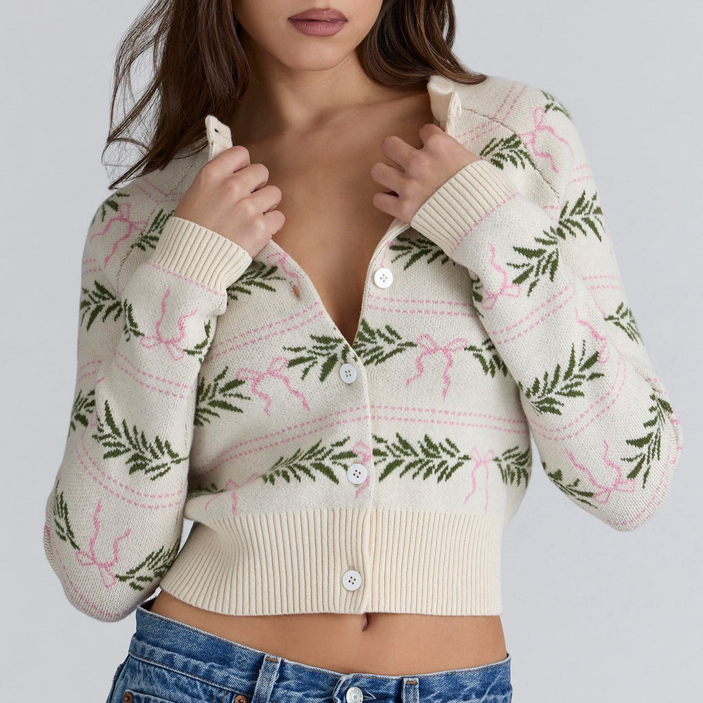 Women's Contrast Color Jacquard Long Sleeved Knitted Cardigan Retro