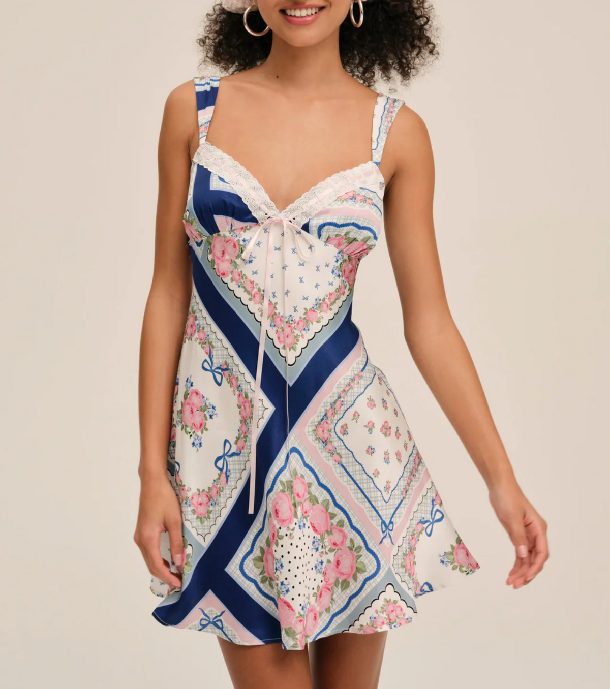 Women's Romantic Printed Satin Mini Strap Dress Bow A Line Dr