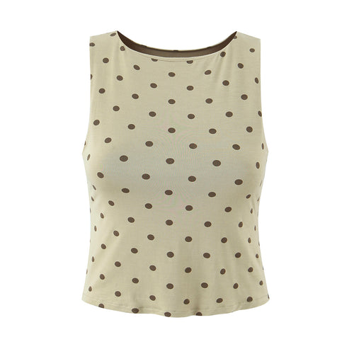 Women Spring Summer Sexy Elastic Polka Dot Slim round Neck Vest with Irregular Asymmetric Mid Length Skirt Two Piece Set