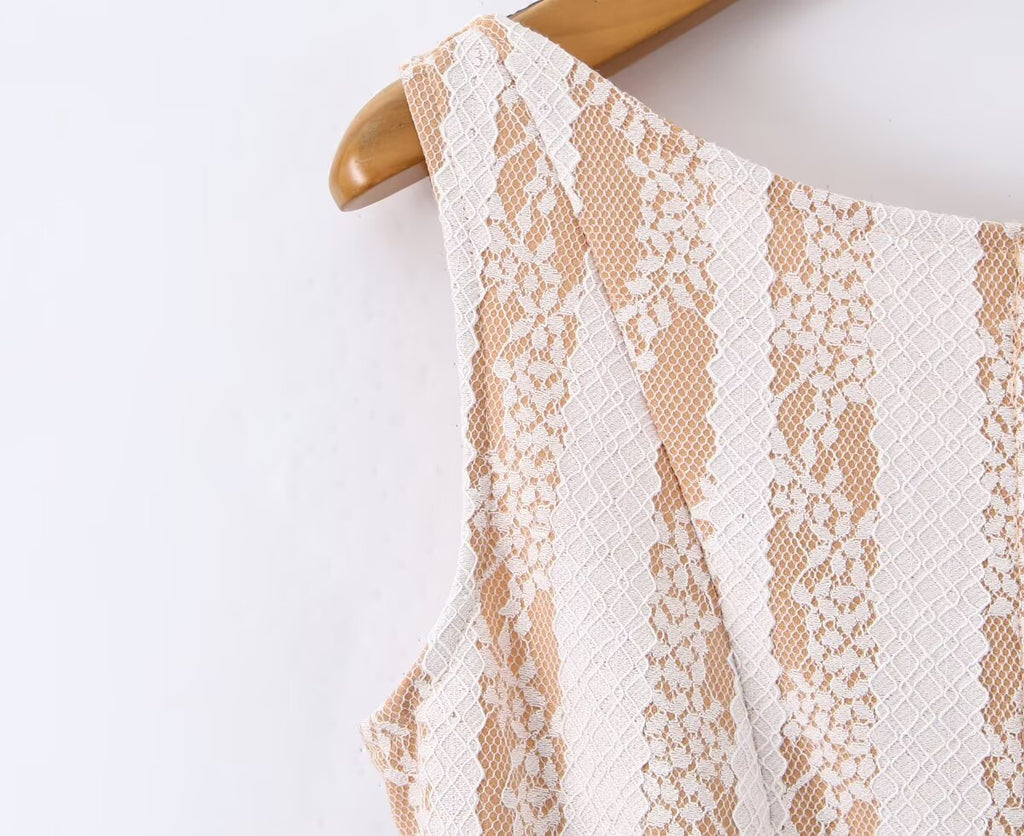 Pure Wind Sleeveless Round Neck Backless Lace Patchwork Dress