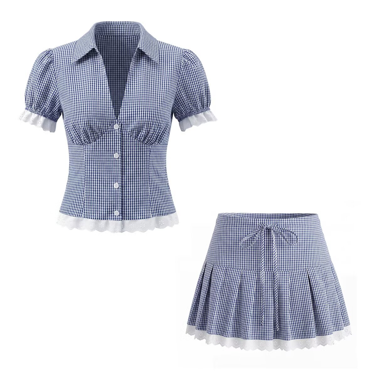 Women's Elegant Blue White Fine Shirt and Skirt Two-Piece Set