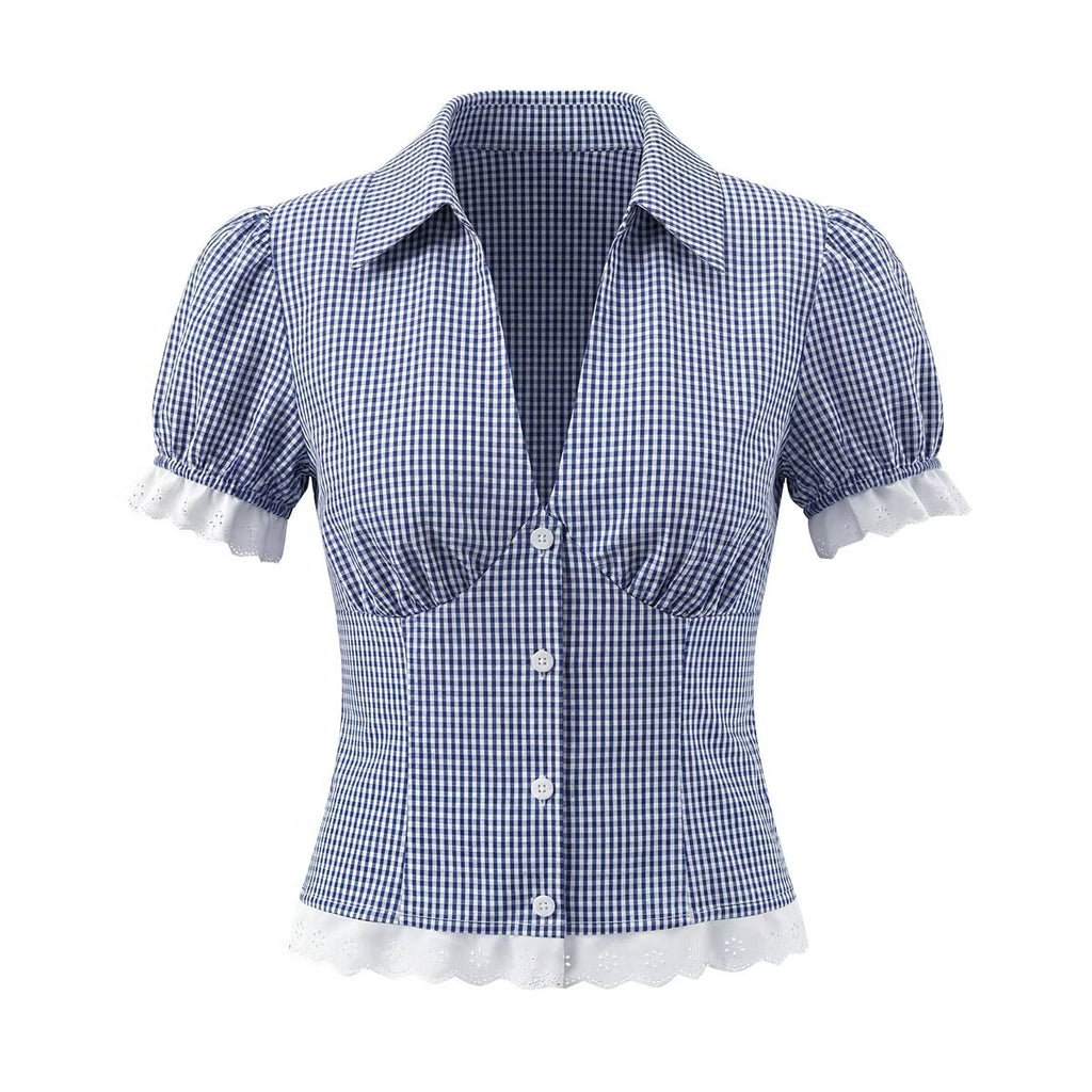Women's Elegant Blue White Fine Shirt and Skirt Two-Piece Set