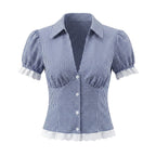 Women's Elegant Blue White Fine Shirt and Skirt Two-Piece Set