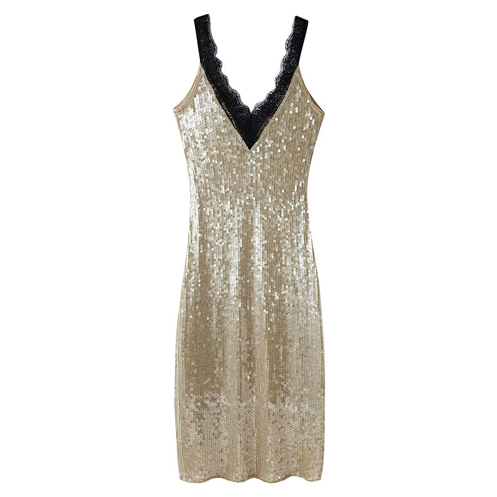 Sequin Lace V-Neck Long-Sleeve Bodycon Maxi Dress