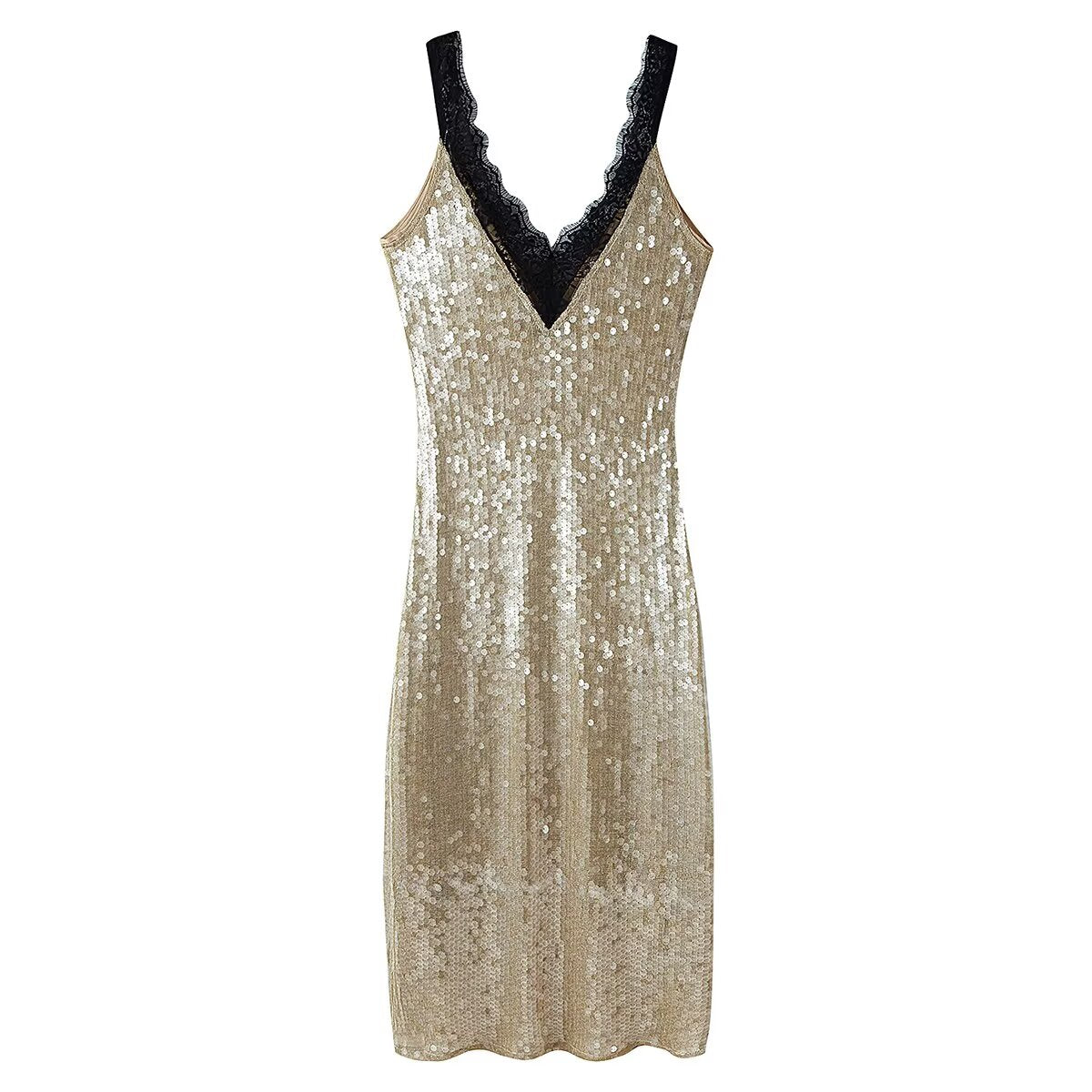 Sequin Lace V-Neck Long-Sleeve Bodycon Maxi Dress