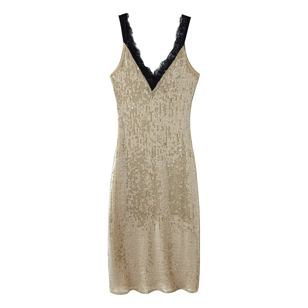 Sequin Lace V-Neck Long-Sleeve Bodycon Maxi Dress