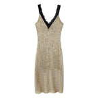 Sequin Lace V-Neck Long-Sleeve Bodycon Maxi Dress