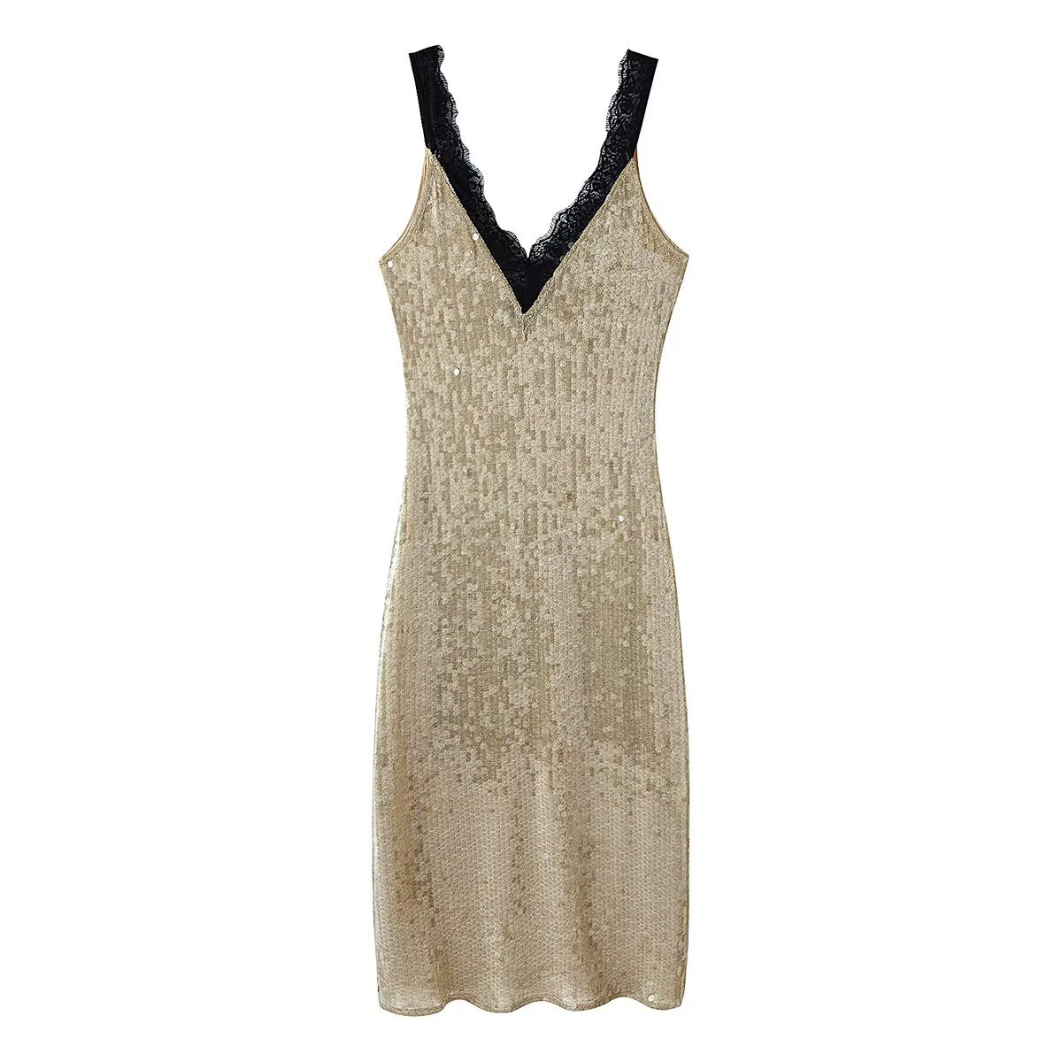 Sequin Lace V-Neck Long-Sleeve Bodycon Maxi Dress