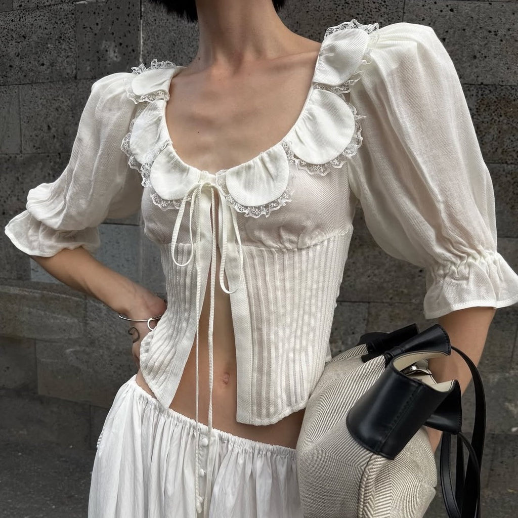 Women's Design Petal Scoop Lace Stitching Ruffle Slim Shirt Solid Col