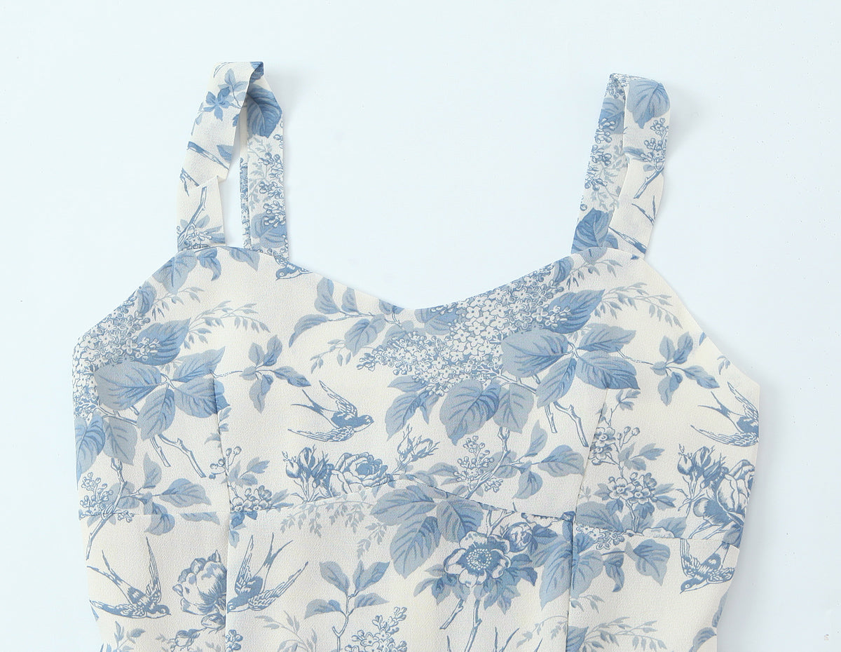 Floral Swallow Print Large Cami Dress For Spring