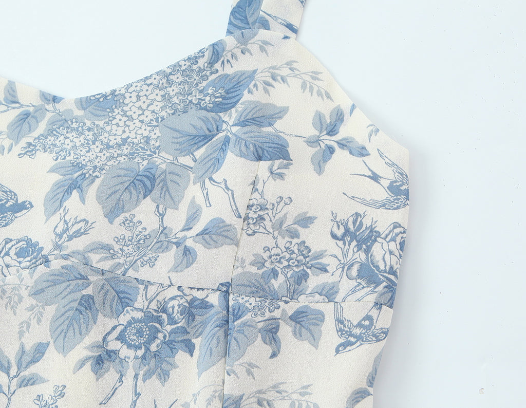 Floral Swallow Print Large Cami Dress For Spring