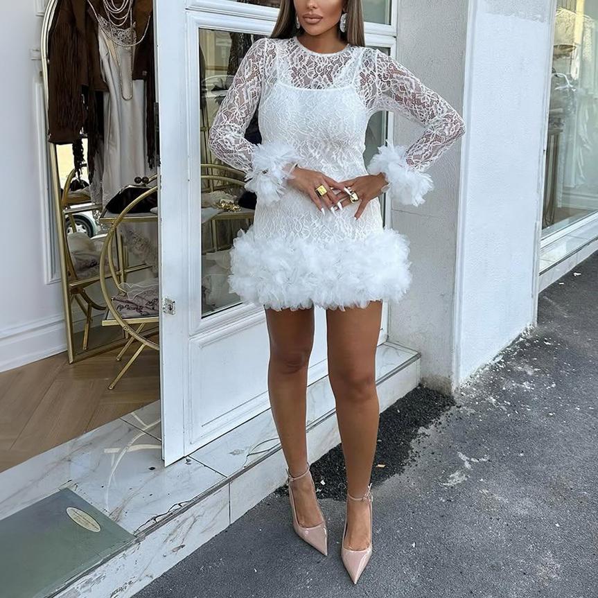 Women's Lace Crew-Neck Long-Sleeve Bodycon Mini Dress