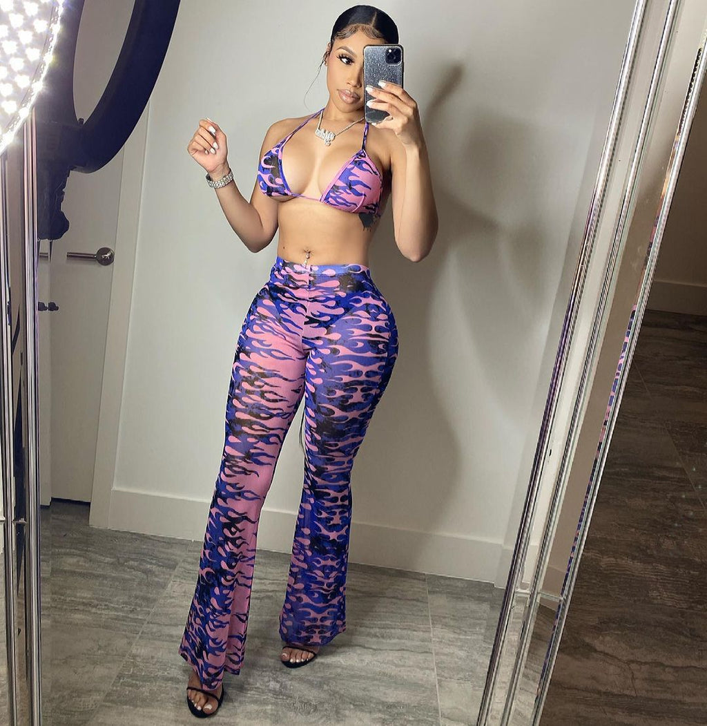Spring Summer Printed Mesh (including Underwear) Lingerie Set