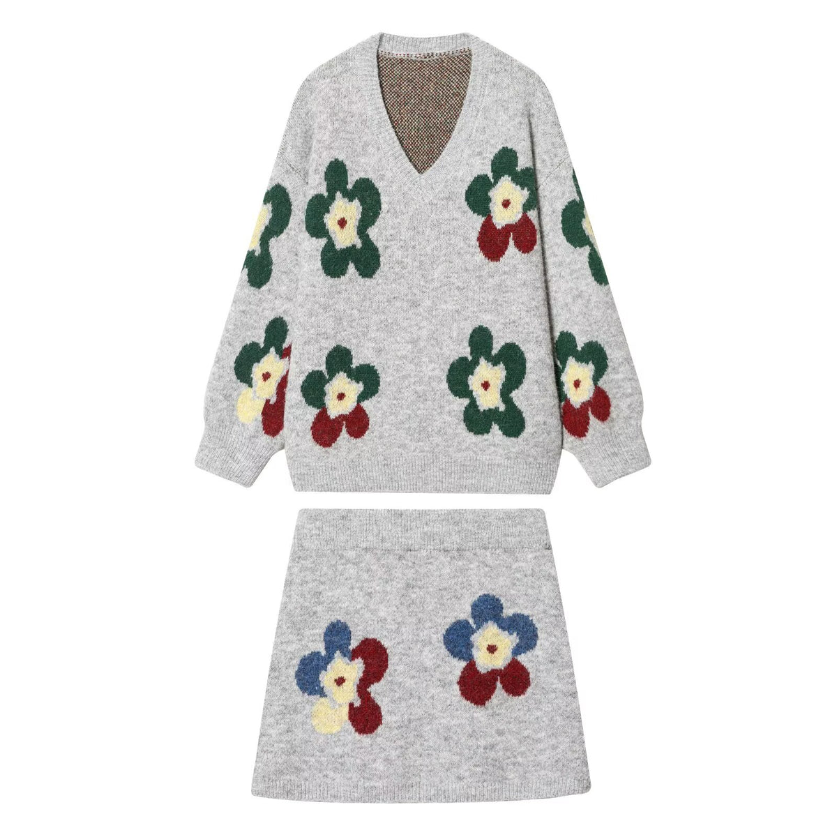 Women's Spring Atmosphere Floral Jacquard Knitted Coat Two-Piece Set