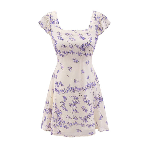Women's Early Spring Fresh White Background Floral Square Collar Short Sleeve Lace Up Waist Controlled Dress