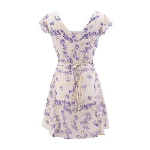 Women's Early Spring Fresh White Background Floral Square Collar Short Sleeve Lace Up Waist Controlled Dress