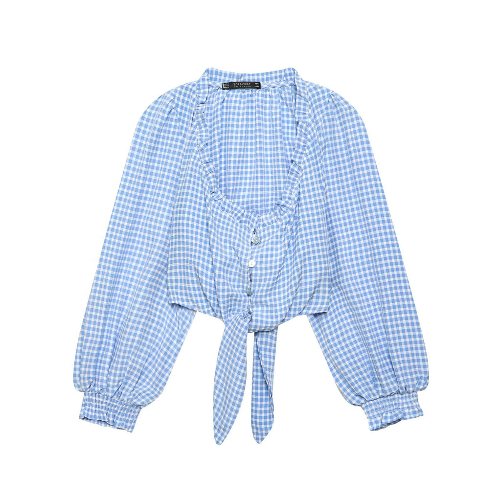 Women's Square Collar Blue Plaid Short Long Sleeve Top