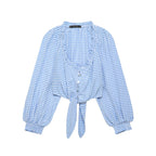 Women's Square Collar Blue Plaid Short Long Sleeve Top