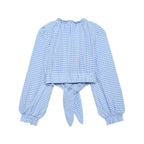 Women's Square Collar Blue Plaid Short Long Sleeve Top