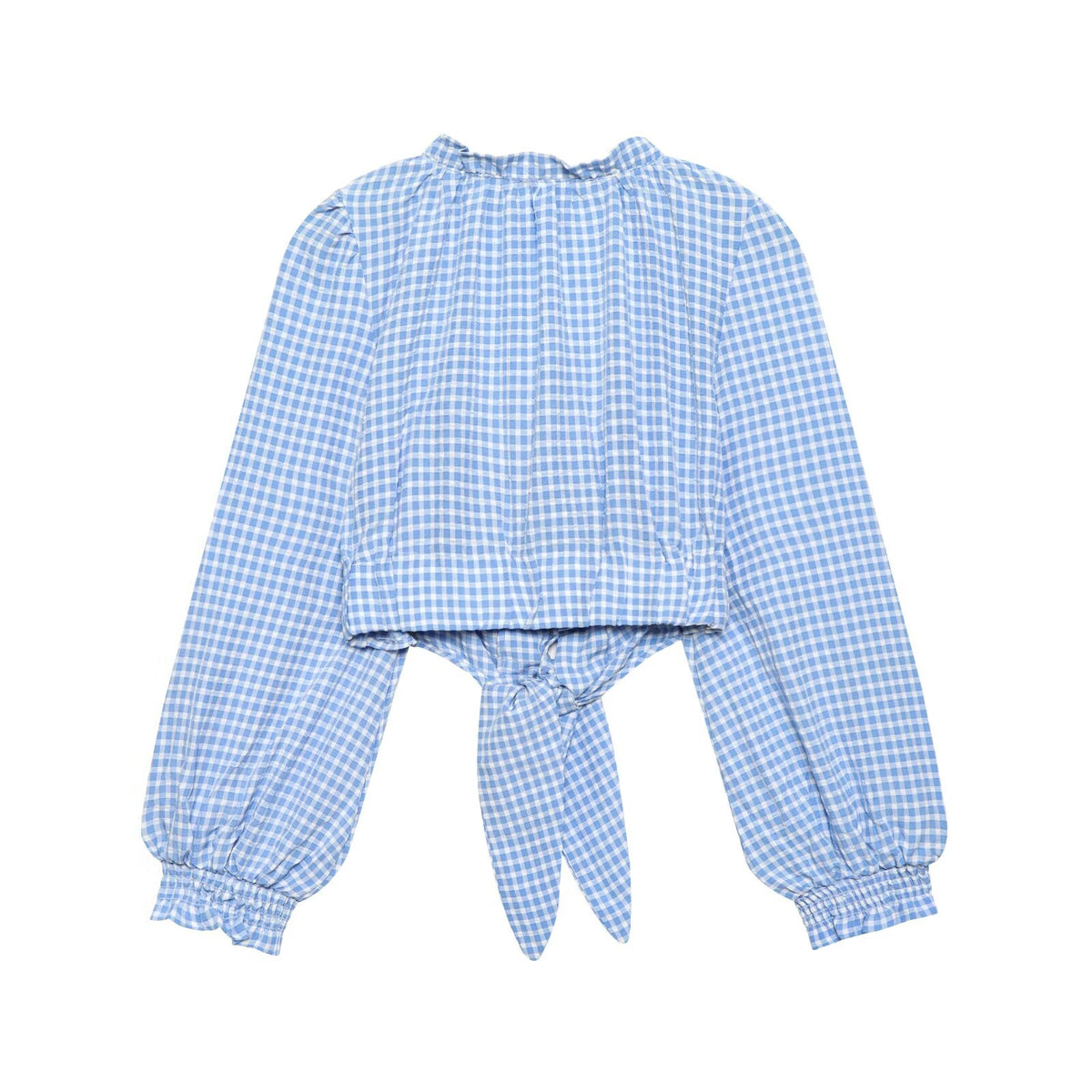 Women's Square Collar Blue Plaid Short Long Sleeve Top