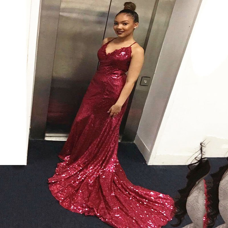 Women's Sequin V-Neck Backless Evening Maxi Dress