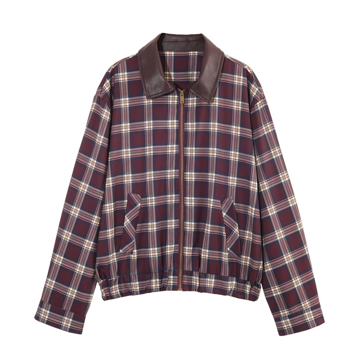Women's Leather Effect Plaid Collared Coordinated Two-Piece Set