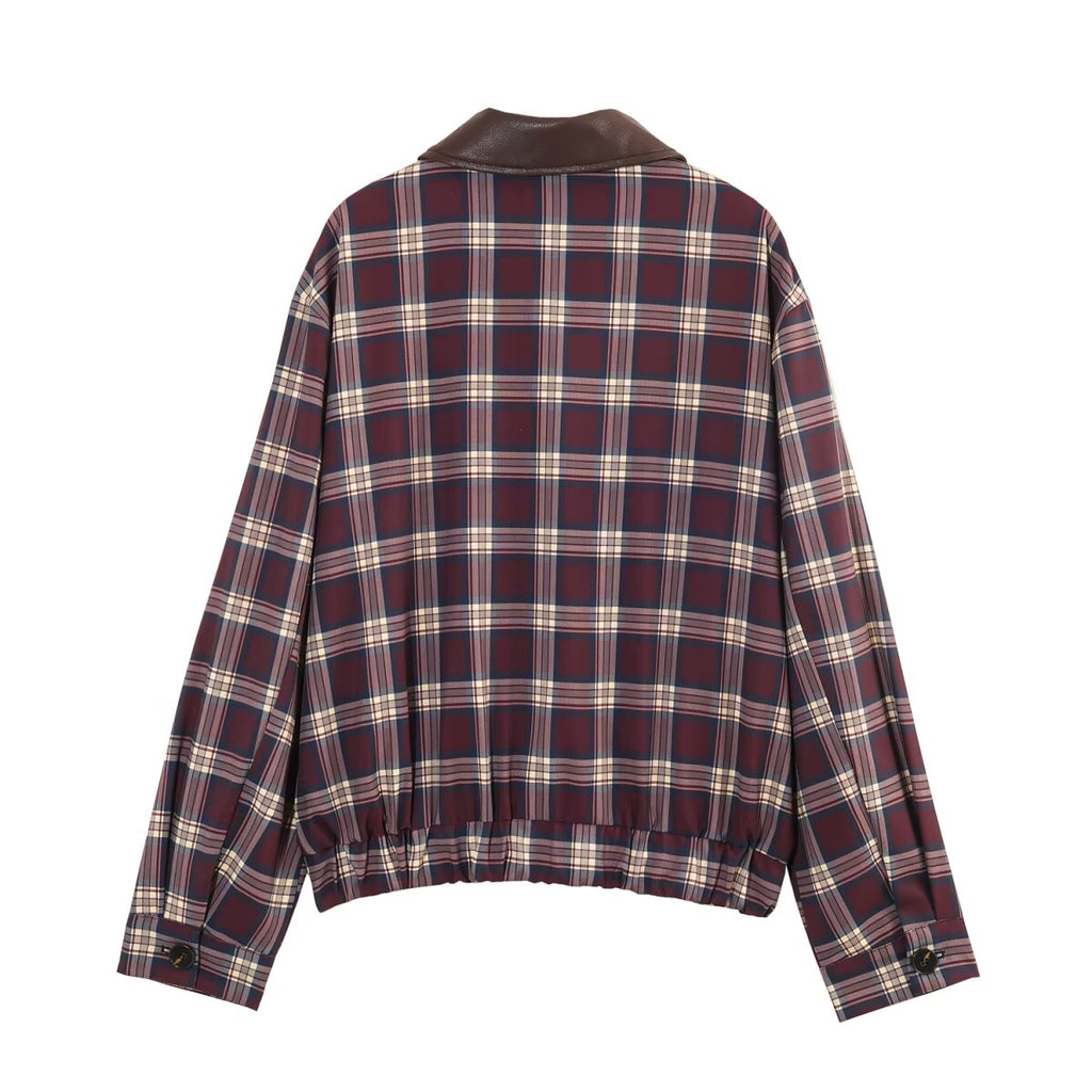 Women's Leather Effect Plaid Collared Coordinated Two-Piece Set