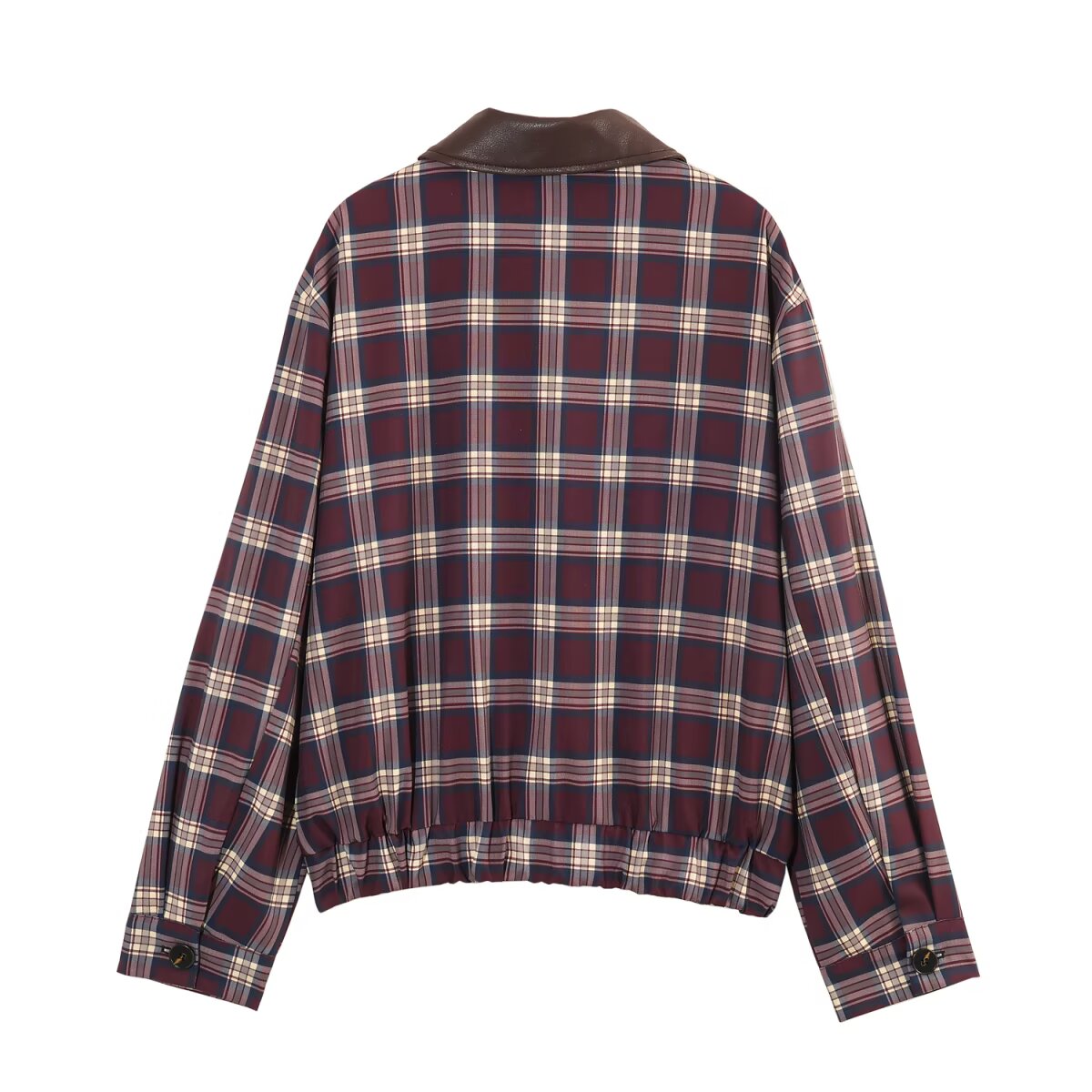 Women's Leather Effect Plaid Collared Coordinated Two-Piece Set