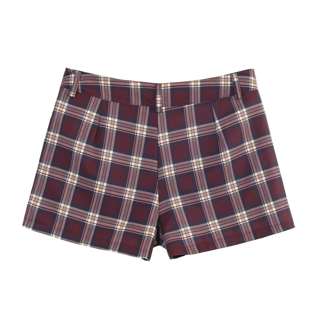 Women's Leather Effect Plaid Collared Coordinated Two-Piece Set