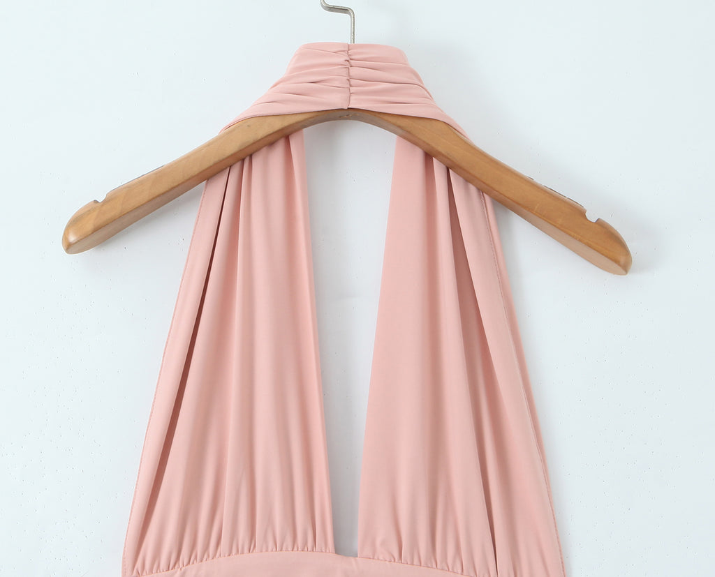 Halter Backless Asymmetric Midi Dress
