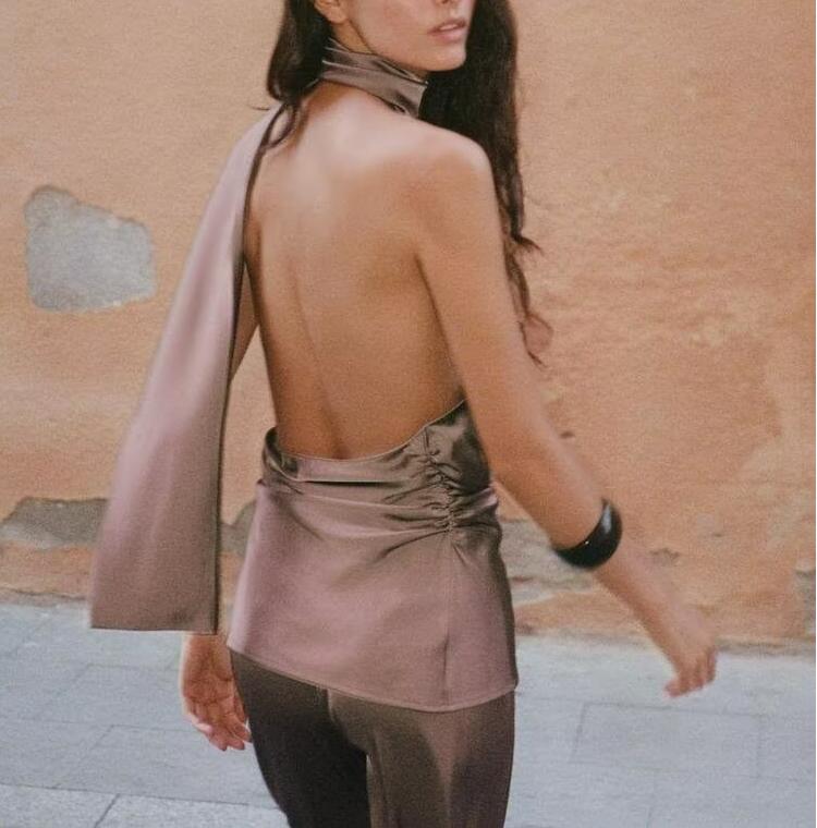 Silk Satin Texture Scarf Hanging Collar Top
