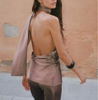 Silk Satin Texture Scarf Hanging Collar Top