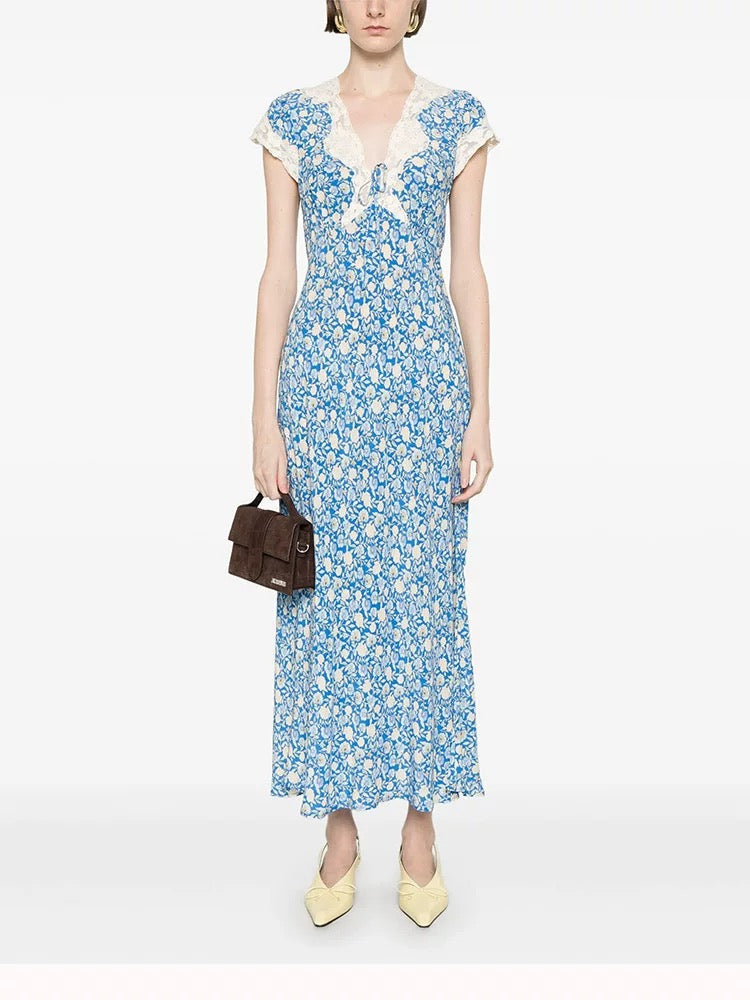 Women's French Retro Lace Floral Midi Dress