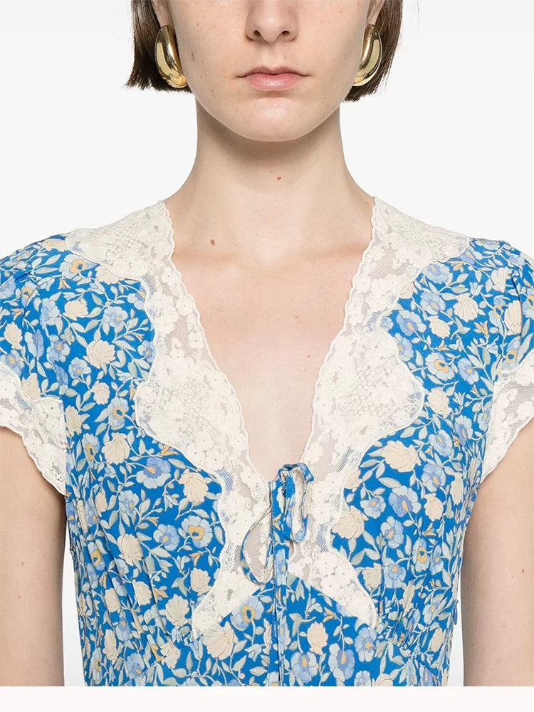 Women's French Retro Lace Floral Midi Dress