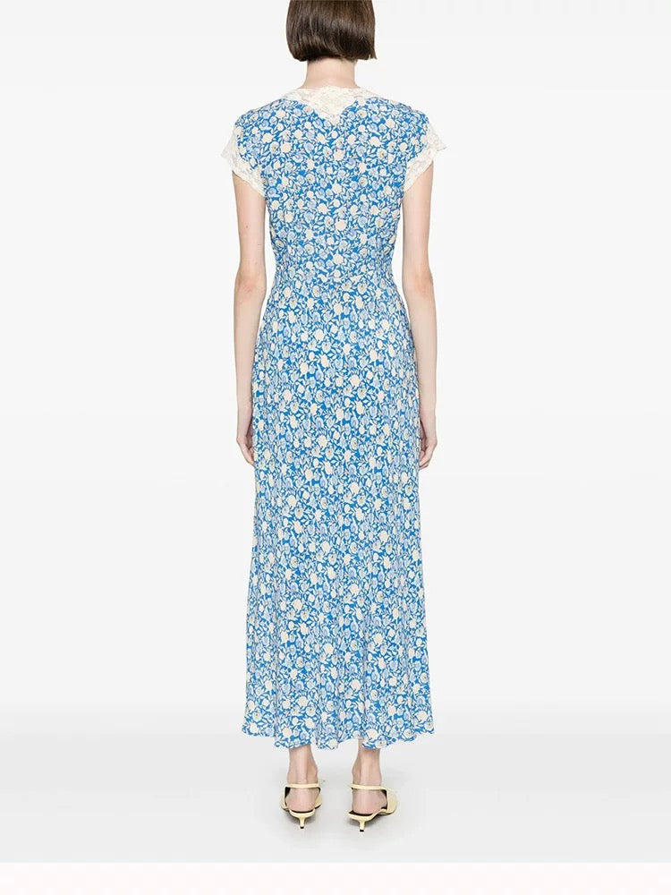 Women's French Retro Lace Floral Midi Dress