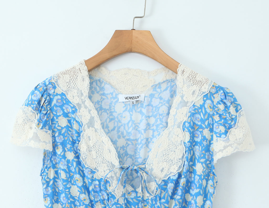 Women's French Retro Lace Floral Midi Dress