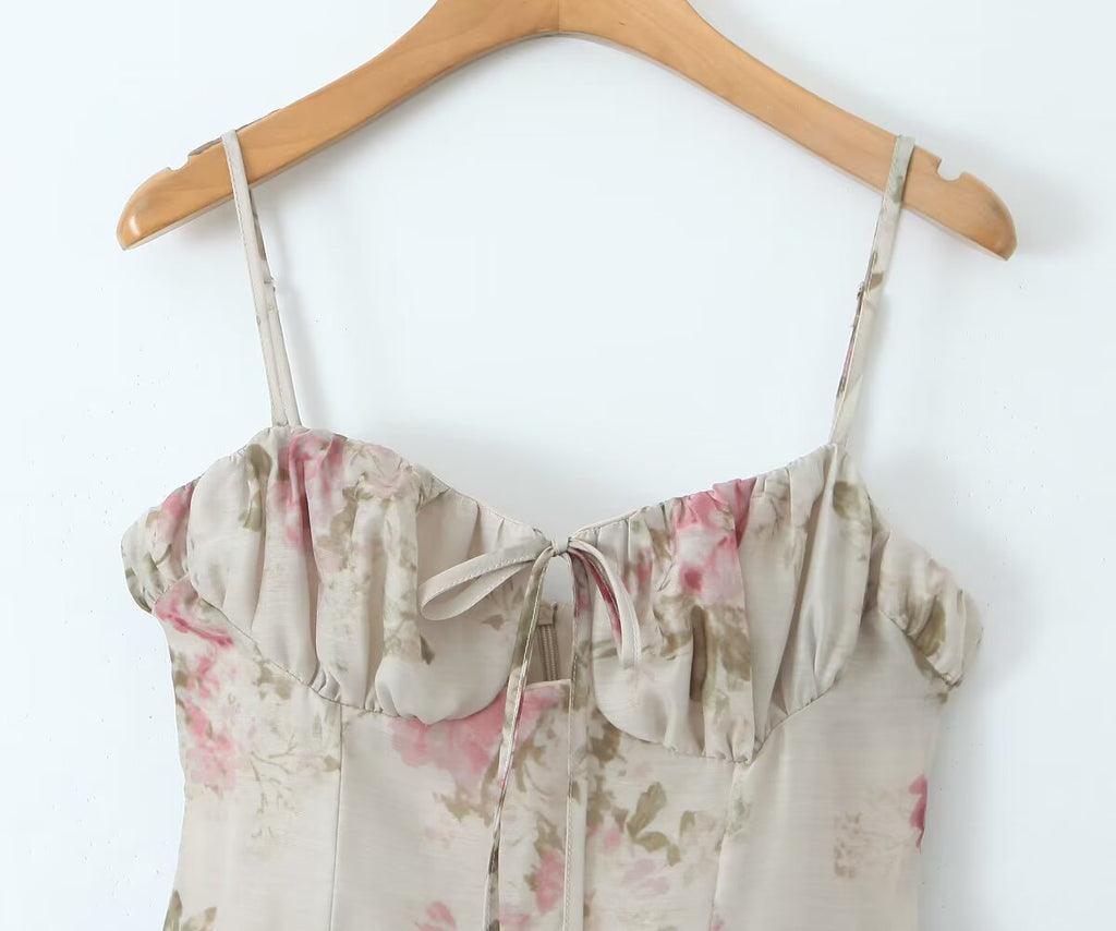 Women's French Floral Strap Summer Holiday Slim Fit Dress